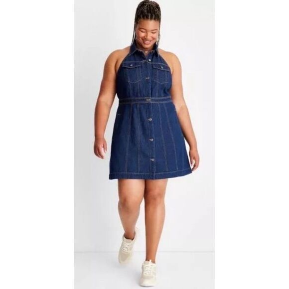 Women's Collared Denim Mini Dress - Future Collective. Blue Size 22. NWT. U - Picture 1 of 10